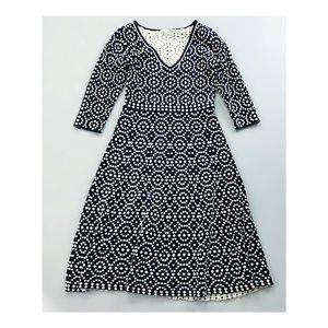 BODEN Jacquard Sweater Dress SZ 6L A-Line Midi 3/4 Sleeve Soft Stretch Knit Navy